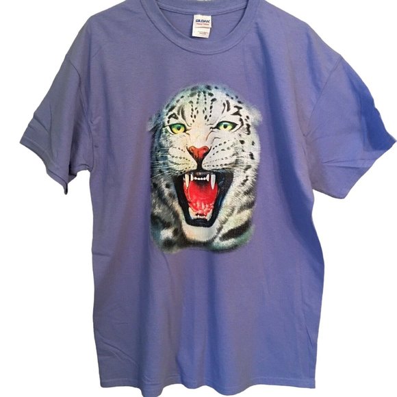 T Shirt White Leopard Bite Face Standard Unisex Large Lavender Purple NEW NWOT - Picture 1 of 2